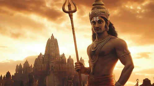 Divine warrior stands before towering Hindu temple at dusk