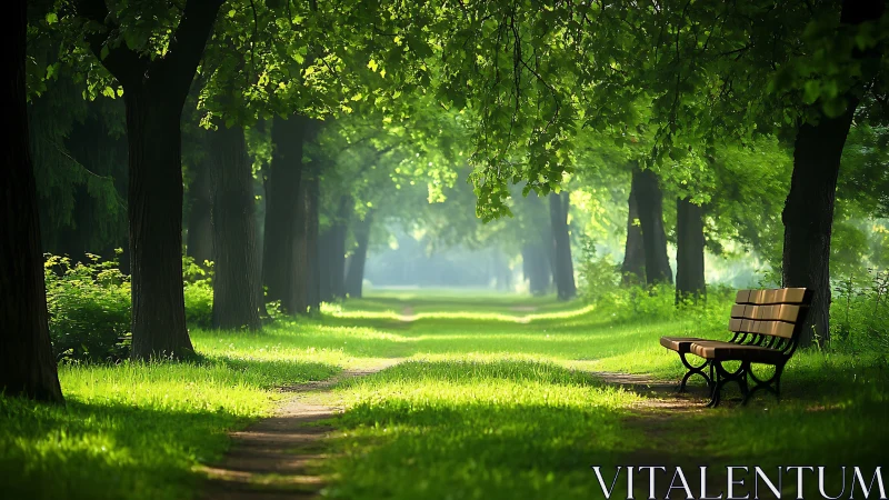 Tree-lined park path with benches under diffused daylight