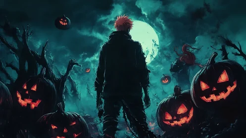 Backlit wanderer confronts glowing jack o’lantern horde at moonrise