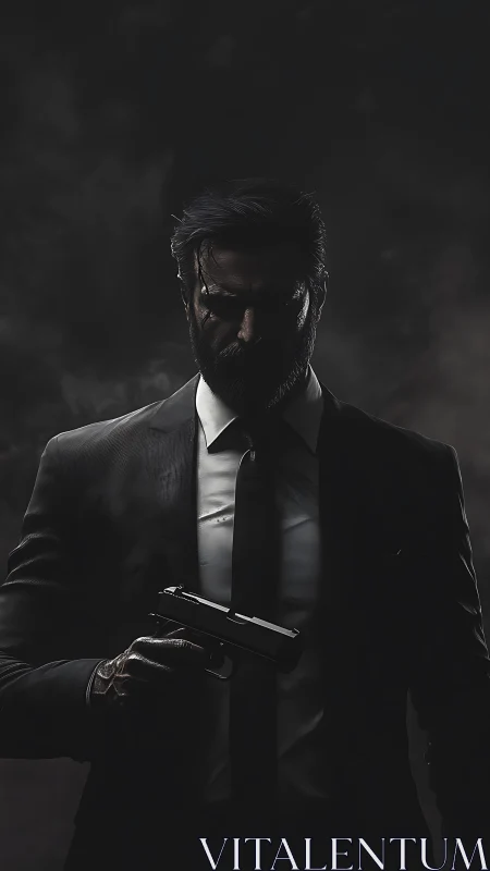 Brooding suited gunman emerges from shadowy darkness.