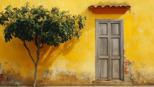 Yellow wall with weathered door and flowering street tree.