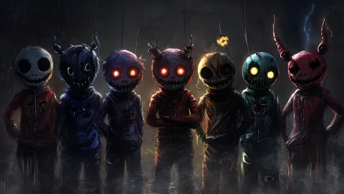 Midnight puppet misfits lined up in glowing hoodies.