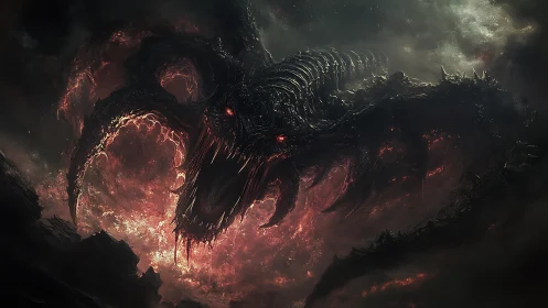 Demonic void leviathan erupts from molten storm clouds