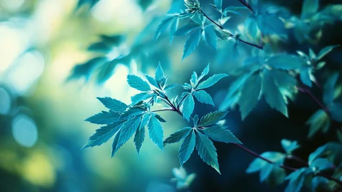 Close-up of compound leaves on branch with cool bokeh light.