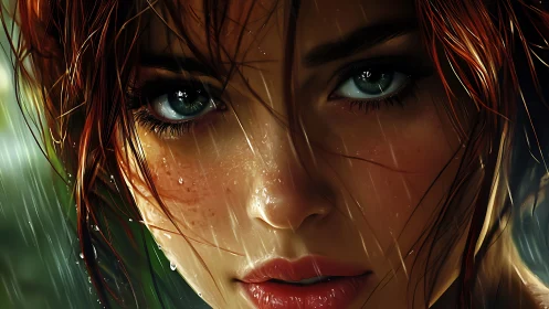 Intense green-eyed woman portrait under driving rain