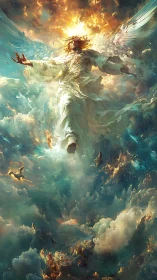 Radiant celestial angel rises through fractured storm clouds