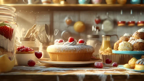 Sunlit Bakery Counter: Artisan Cakes and Fresh Berries