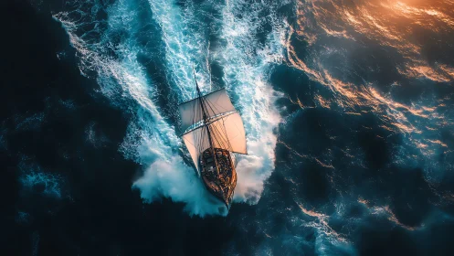 Sailboat cutting through vivid ocean waves at sunset.