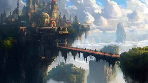 Elevated sky citadel with suspended bridge in digital painting.