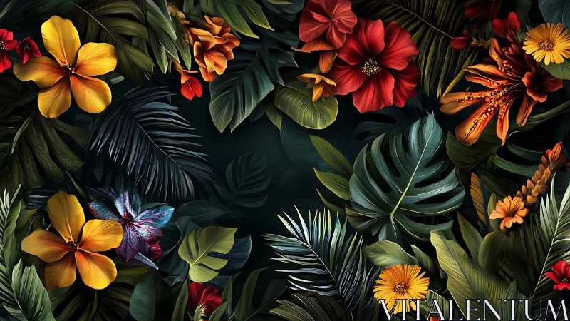 Tropical Blooms Dance Across Emerald Shadows With Luminous Splendor