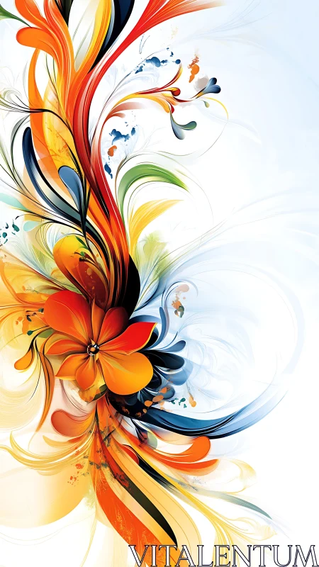 Floral energy burst in vivid orange and teal streamlines.