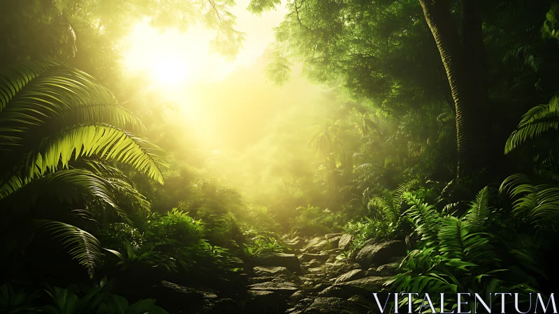 Sunlit Forest Path Through Tropical Dense Vegetation