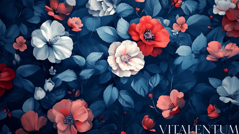 Nocturnal Blooms Dance: Where Crimson Meets Navy Reverie