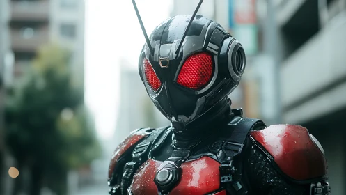 Armored insect-themed hero in city street after rainfall.