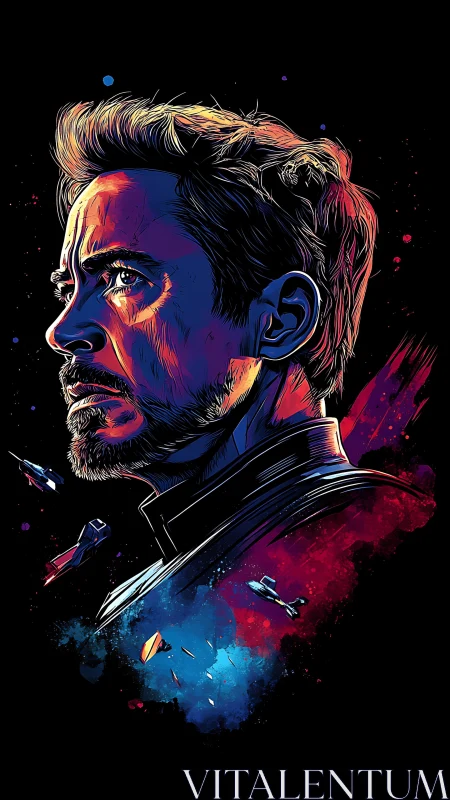 Neon-lit heroic profile portrait with cosmic debris scatter