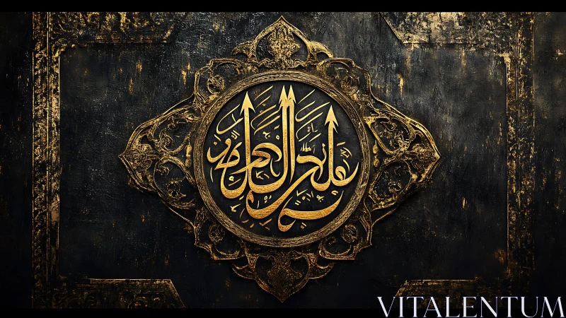 Gold Arabic calligraphy medallion is centered on dark panel
