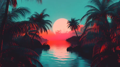 Neon tropic sunset bathes palm-lined lagoon in surreal glow