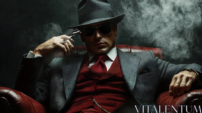 Man in formal suit sits in armchair amid dense smoke