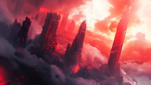 Towering crimson dystopian city in storm clouds at dusk.
