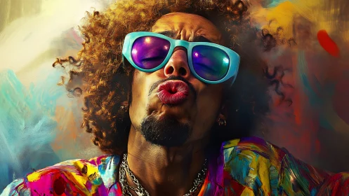 Colorful close up of funky man in sunglasses kissing camera.
