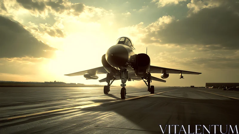 Fighter jet faces low sun while taxiing along empty runway