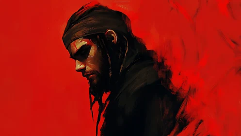 Brooding hooded man in profile against vivid red field.