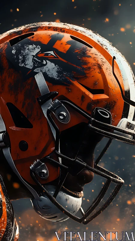 Helmeted football profile in embers and gritty detail.