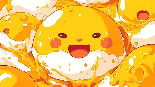 Smiling egg yolk characters swim through molten gold.