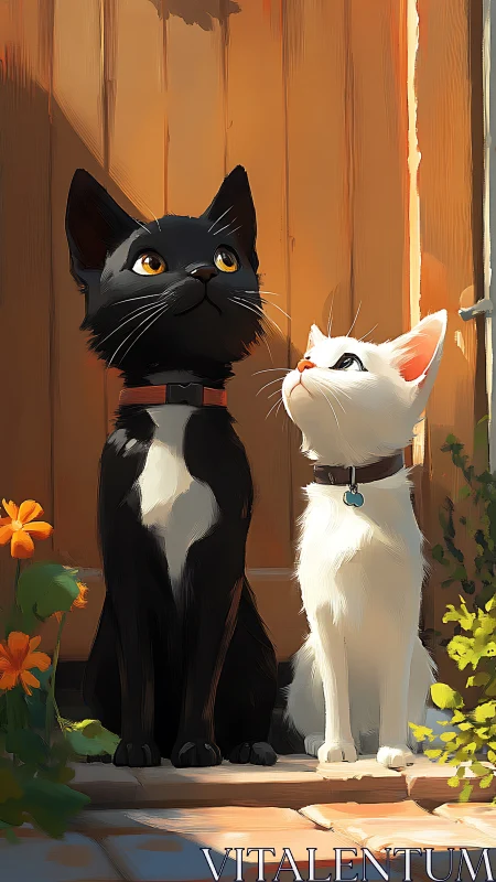 Two Cats Gazing at Sunset Behind Rustic Wooden Door