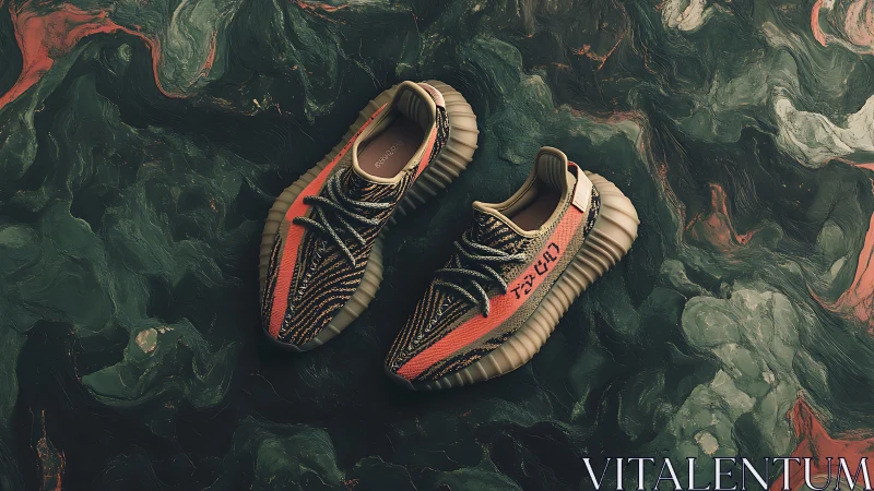 Pair of patterned sneakers on marbled abstract background.