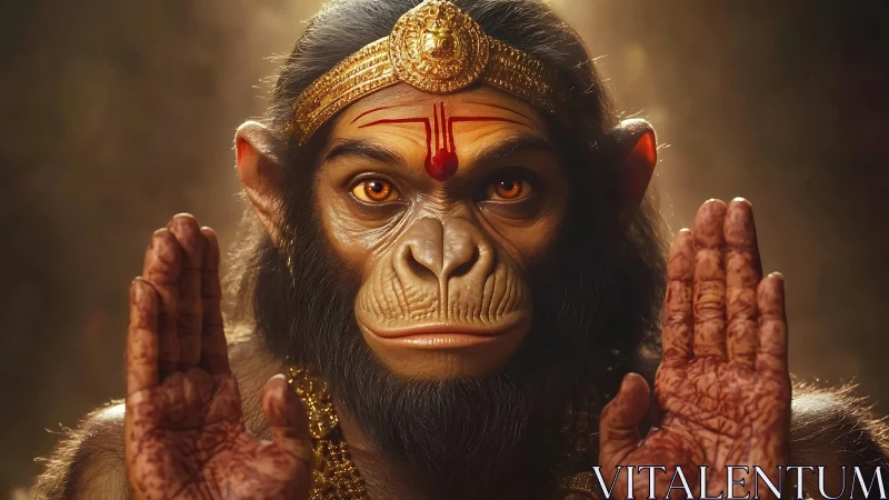 Mythic simian deity portrait in golden cinematic lighting.