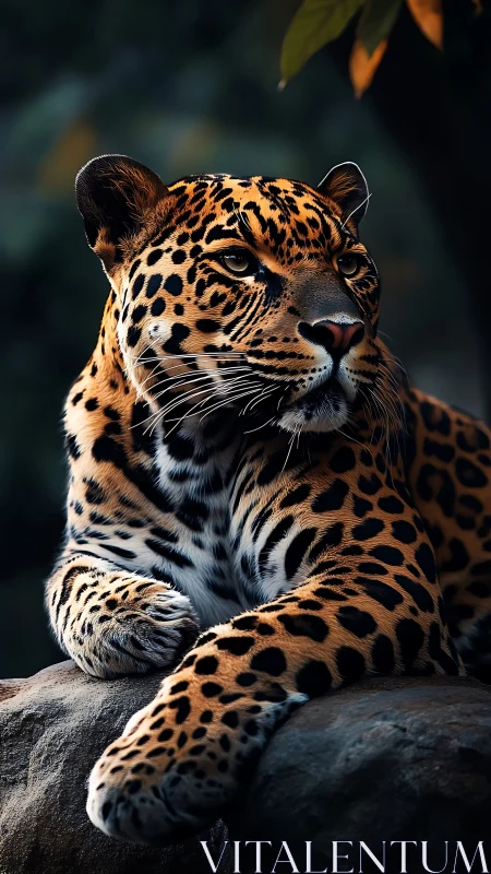 Calm leopard resting on sunlit rock in a quiet forest nook.