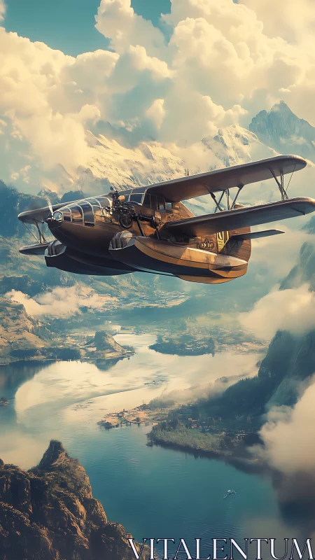 Streamlined twin-engine biplane cruises above alpine fjord valley