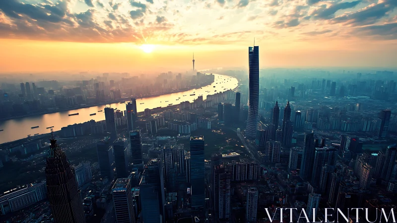 Sunrise skyline overlooks dense riverfront megacity district