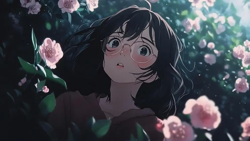 Girl with round glasses gazes up through a dreamy flower haze