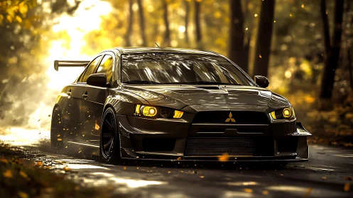 Golden-hour Mitsubishi Evo glides through a glowing forest lane