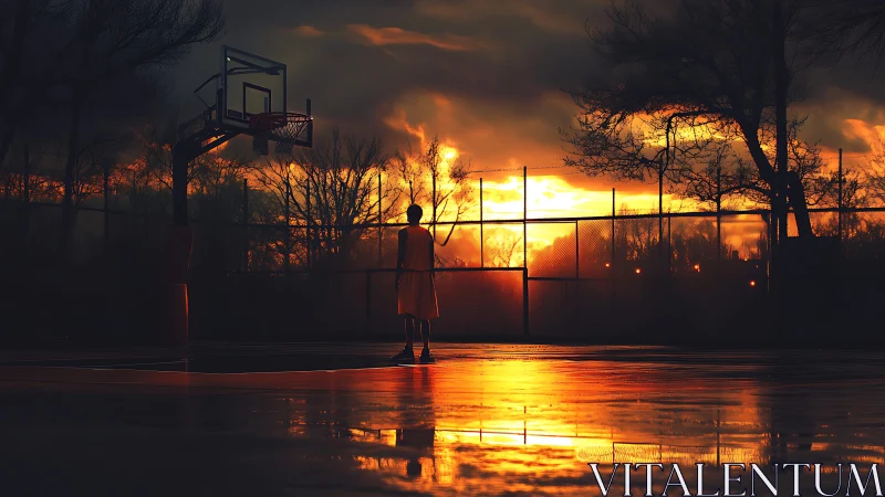 Solitary player stands on wet court under burning sunset sky