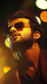 Man in sunglasses under warm nightlife bokeh lighting.