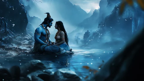 Divine blue couple in moonlit river valley with misty peaks.