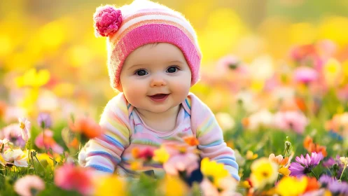 Smiling Baby in Pink Hat Among Wildflowers.