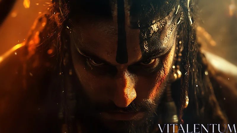 Warrior glare cuts through embers under molten light.