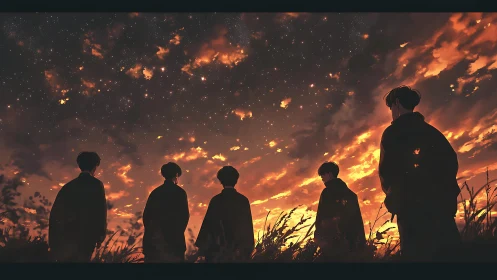 Silhouetted figures under dense stars and orange dusk sky.