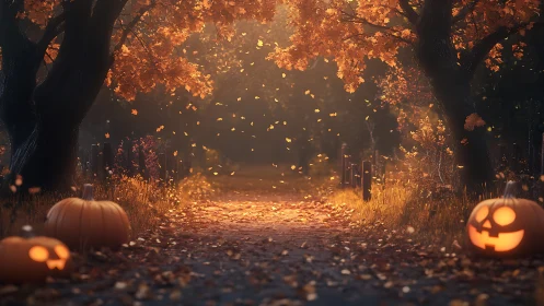 Photorealistic autumn lane with jack-o-lantern path lighting.