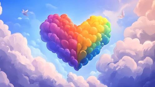 Rainbow heart shaped cloud floats in serene sky.