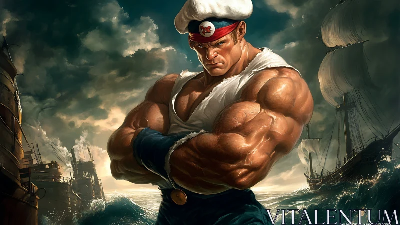 Muscular sailor stands at sea between warships and sails.