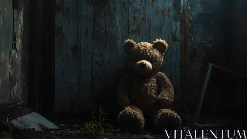 Lonely teddy bear rests in a decaying, shadowed room.