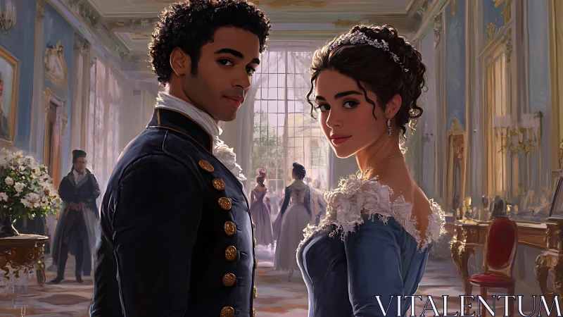 Regency couple stands together in ornate ballroom interior