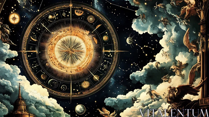 Celestial clockwork whirls above storm-swept, angelic heavens.