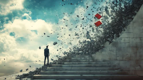 Stone steps unravel as a lone dreamer walks into the sky