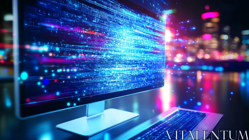 Streaming data flows across a futuristic computer display.